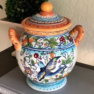 DARIO FARRUCCI Villa Paradiso Covered MEDIUM CANISTER Blue Bird I Hand Painted